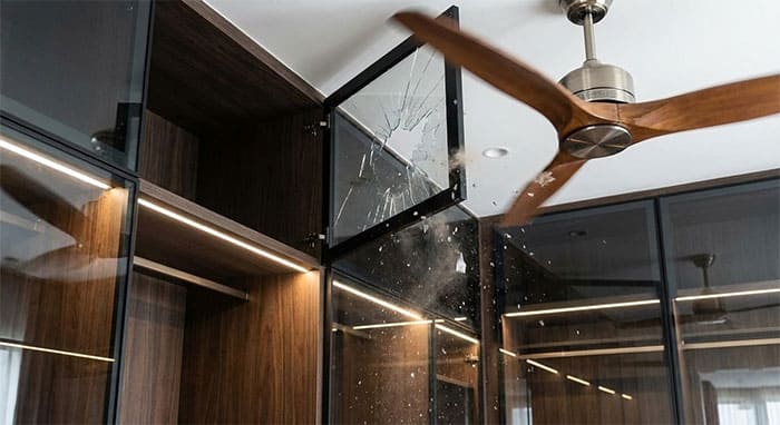 Mô phỏng sai lầm khi cánh cửa tủ quần áo va chạm vào cánh quạt trần có sải cánh quá lớn