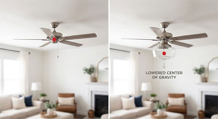 Mô phỏng trọng tâm của quạt trần đèn bị thay đổi so với quạt thường