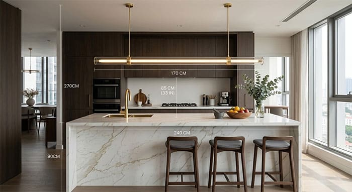 Mô phỏng tỷ lệ và khoảng cách tiêu chuẩn khi treo đèn thả thanh dài trên đảo bếp