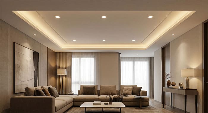 Nghệ thuật bố trí đèn led âm trần tán quang kết hợp ánh sáng hắt trần cho phòng khách