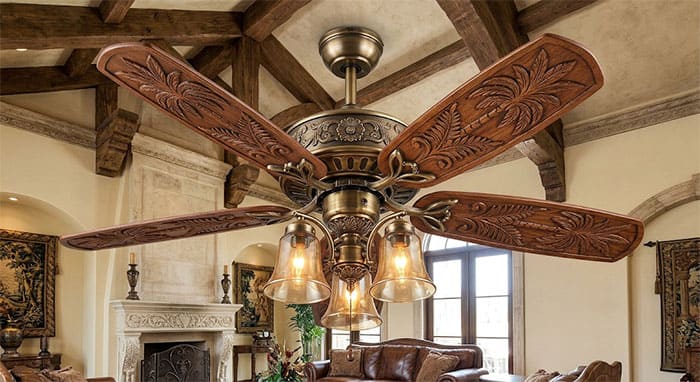 Nghệ thuật điêu khắc trên quạt trần cổ điển cánh gỗ tự nhiên