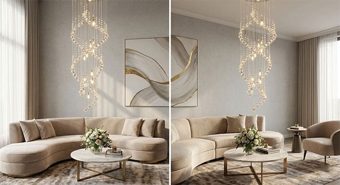 Nghệ thuật treo cụm đèn thả pha lê góc sofa theo hiệu ứng xoắn ốc lấp lánh