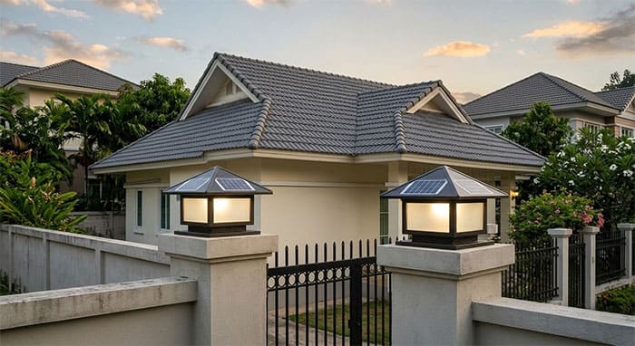 Nhà mái Thái lắp đặt đèn cổng năng lượng mặt trời hình vuông