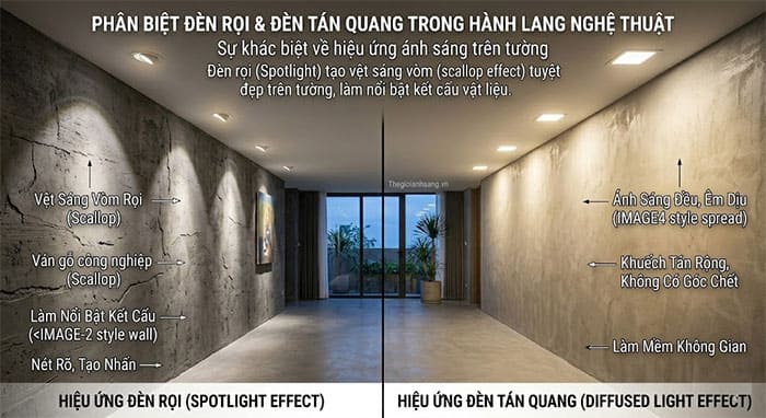 phân biệt đèn rọi và đèn tán quang trong hành lang nghệ thuật