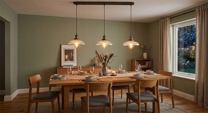 Phối cảnh 3 đèn thả đơn cho bàn ăn hình chữ nhật