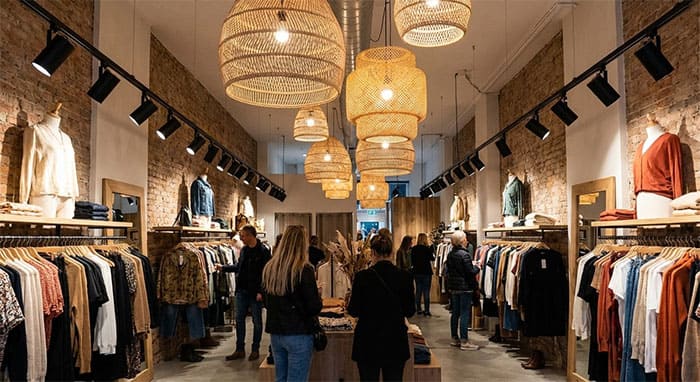 Phối cảnh kết hợp hài hòa giữa đèn thả trang trí và đèn rọi ray chiếu điểm trong shop thời trang