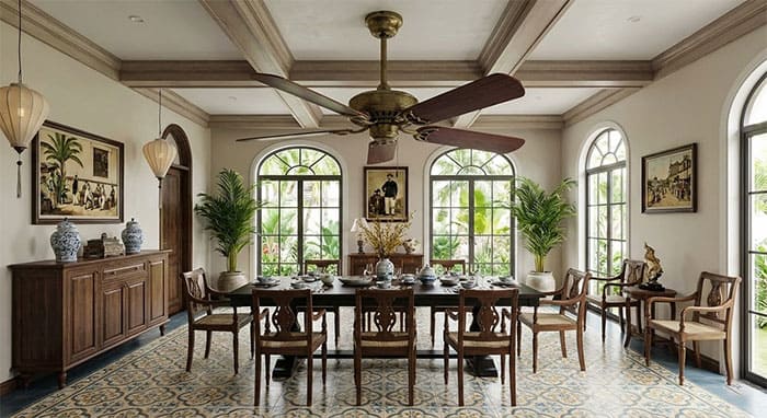 Phối cảnh phòng ăn phong cách Đông Dương với nền gạch bông và quạt trần gỗ tự nhiên