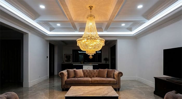 Phối màu đèn âm trần ánh sáng trắng và đèn chùm ánh sáng vàng