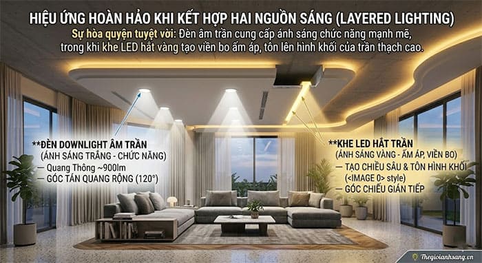 Phòng khách biệt thự sang trọng kết hợp đèn downlight âm trần ánh sáng trắng và khe hắt trần ánh sáng vàng