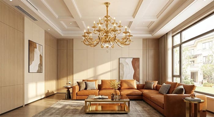 Phòng khách biệt thự sử dụng đèn chùm hợp kim kẽm mạ vàng sáng bóng