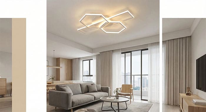 Phòng khách chung cư hiện đại sử dụng đèn mâm Mica LED hình học độc đáo
