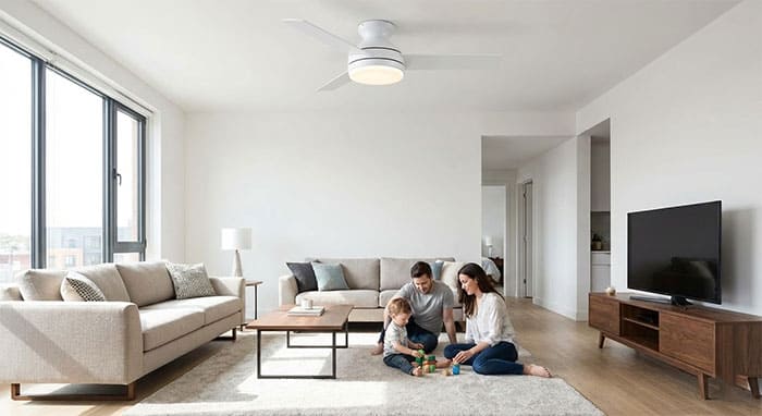 Phòng khách chung cư trần thấp lắp đặt quạt trần sát trần giúp giải phóng không gian mặt sàn