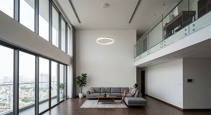 Phòng khách Duplex bị loãng do chọn sai kích thước đèn thả thông tầng