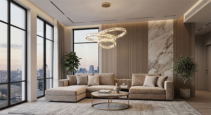 Phòng khách hiện đại sử dụng đèn thả vòng pha lê thanh lịch