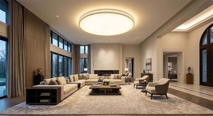 Phòng khách rộng trên 30m2 sử dụng đèn mâm tròn đường kính lớn D800 trở lên