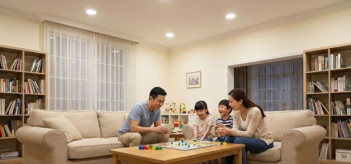 Phòng khách sinh hoạt gia đình dưới ánh sáng trung tính 4000K