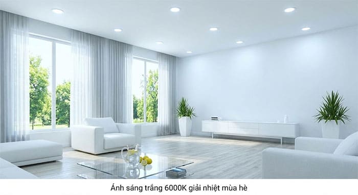 Phòng khách sử dụng ánh sáng trắng mát mẻ vào mùa hè