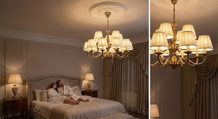 Phòng ngủ Master phong cách tân cổ điển với đèn chùm chao vải lụa màu kem