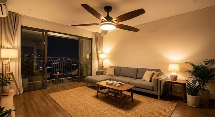 Quạt trần 5 cánh có đèn chiếu sáng vàng ấm cúng cho phòng khách