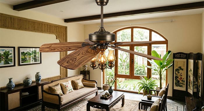 Quạt trần cánh gỗ tự nhiên bố trí trong không gian phòng khách phong cách Indochine