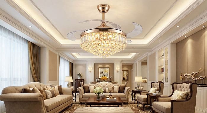 Quạt trần đèn giấu cánh kết hợp pha lê đẹp như đèn chùm