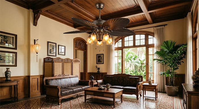 Quạt trần phong cách cổ điển với thiết kế lá cọ dành cho không gian kiến trúc Indochine