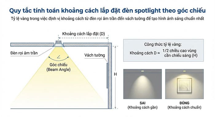 Quy tắc tính toán khoảng cách lắp đặt đèn spotlight theo góc chiếu