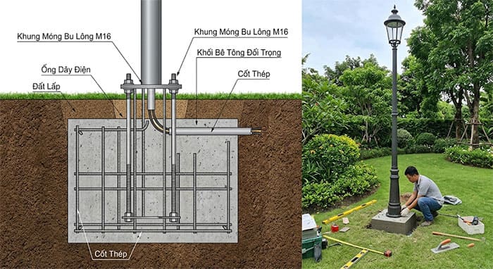 Quy trình lắp đặt khung móng M16 bằng bê tông cốt thép cho cột đèn sân vườn cao tầng