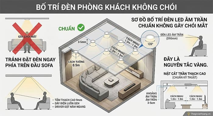 Sơ đồ bố trí đèn LED âm trần phòng khách chuẩn không gây chói mắt
