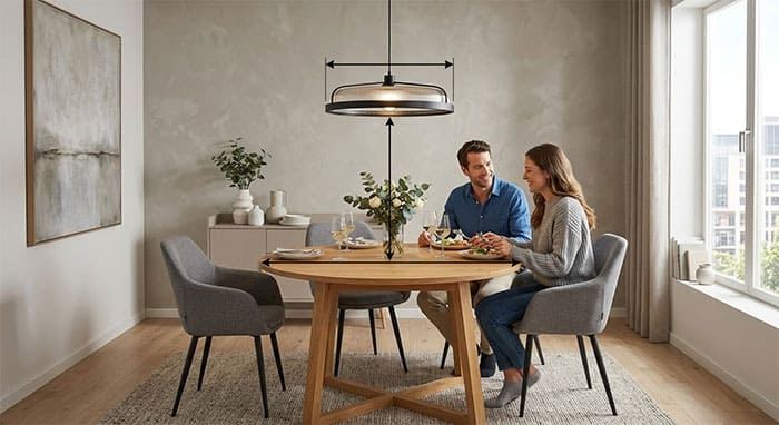 Sơ đồ hướng dẫn tỷ lệ và chiều cao treo đèn thả bàn ăn tròn