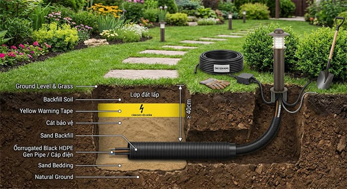Sơ đồ kỹ thuật đào rãnh và đi dây điện ngầm sân vườn đảm bảo tiêu chuẩn an toàn