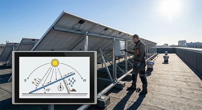 Sơ đồ kỹ thuật lắp đặt tấm pin năng lượng mặt trời nghiêng 15 độ hướng Nam đón bức xạ