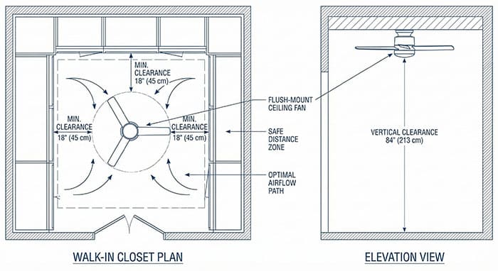 Sơ đồ kỹ thuật thể hiện khoảng cách an toàn từ quạt ốp trần đến hệ tủ kệ trong phòng thay đồ