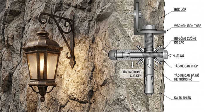 Sơ đồ kỹ thuật thi công sử dụng tắc-kê đạn đóng thép để bắt đèn đồng nặng lên mặt vách đá
