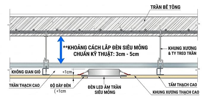 Sơ đồ mặt cắt khoảng cách lắp đèn siêu mỏng giữa trần thạch cao và bê tông