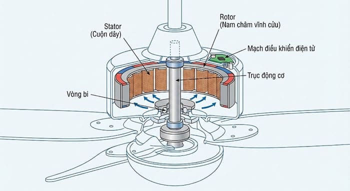 Sơ đồ minh họa cấu tạo chi tiết bên trong của động cơ DC không chổi than trên quạt trần