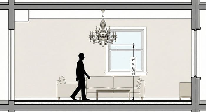 Sơ đồ minh họa độ cao treo đèn chùm phòng khách cách sàn 2m2