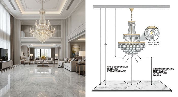 Sơ đồ minh họa khoảng cách an toàn chống chói khi treo đèn thả pha lê trên nền đá marble