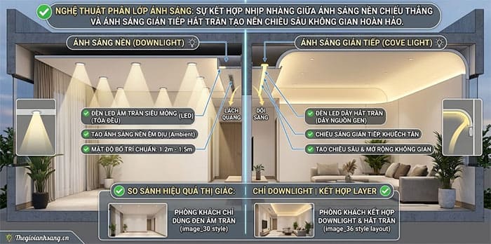 Sơ đồ minh họa nghệ thuật phân lớp ánh sáng (Layered Lighting) với sự kết hợp của đèn âm trần và đèn hắt