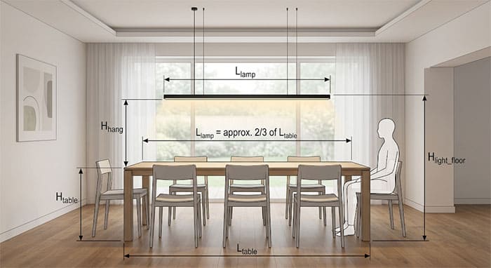 Sơ đồ minh họa tỷ lệ chiều dài và cao độ treo đèn thả thanh ngang so với bàn ăn