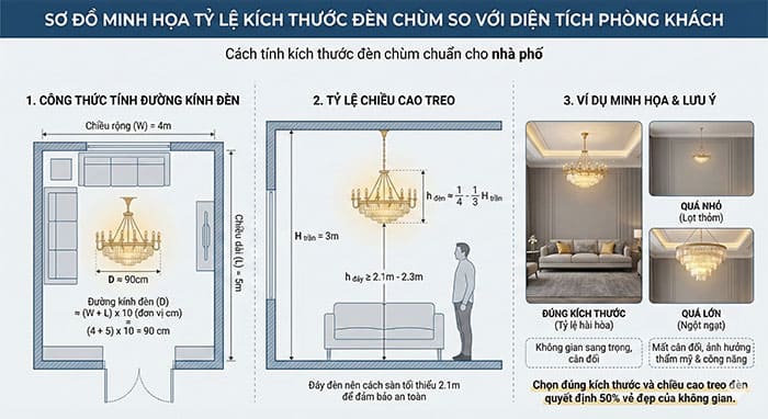 Sơ đồ minh họa tỷ lệ kích thước đèn chùm so với diện tích phòng khách