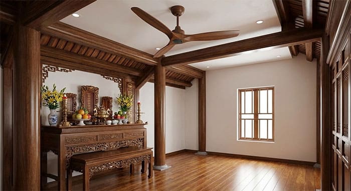 Sơ đồ minh họa vị trí lắp đặt quạt trần đúng phong thủy, cách xa bàn thờ