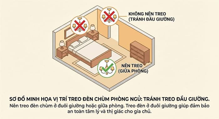 Sơ đồ minh họa vị trí treo đèn chùm phòng ngủ: Tránh treo đầu giường