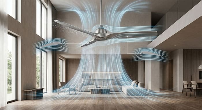 Sơ đồ nguyên lý khí động học giúp quạt trần 3 cánh đạt tốc độ vòng tua cao