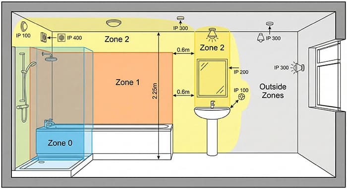 Sơ đồ phân vùng an toàn điện (Zone) trong phòng tắm để chọn đèn phù hợp