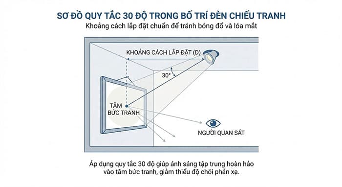 Sơ đồ quy tắc 30 độ trong bố trí đèn chiếu tranh