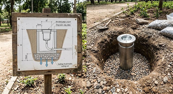 Sơ đồ thi công giếng sỏi thoát nước dưới đáy hố móng đèn âm đất
