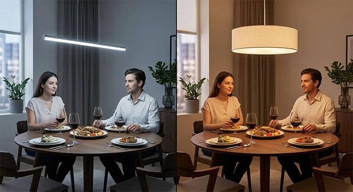 So sánh ánh sáng bàn ăn khi lắp sai và đúng loại đèn