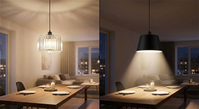 So sánh ánh sáng giữa chóa đèn pha lê trong suốt và chóa đèn kim loại cản sáng