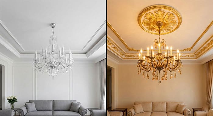 So sánh cách phối màu đèn chùm với trần trắng trơn và trần dát vàng